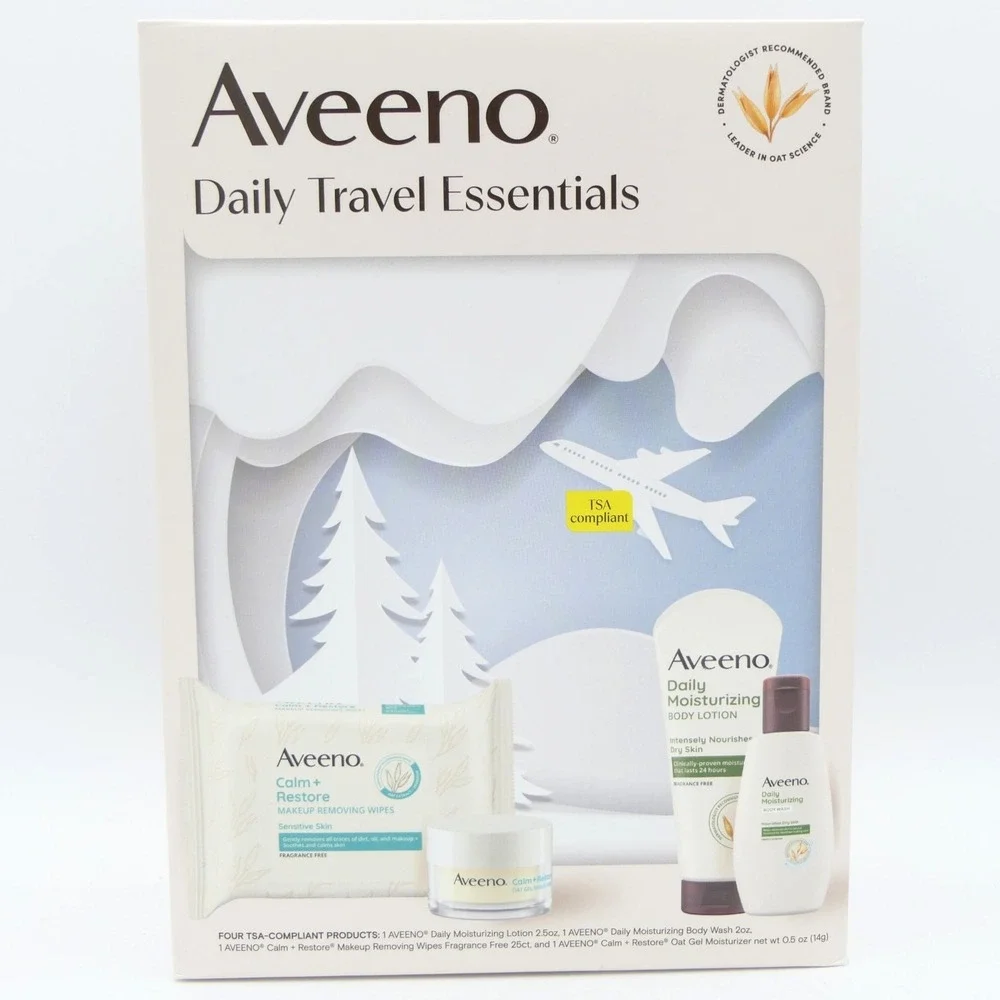 Aveeno Daily Travel Essentials Set w/ Moisturizer Gel, Lotion, Body Wash, Wipes
